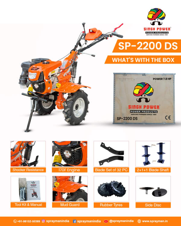 Singh Power SP-2200-DS Power Weeder | 212cc Petrol Engine, 7.5 HP | Double Shocker | Manual Start | 4.00-8 Tyres | Heavy-Duty Agriculture Weeding Machine - Image 3